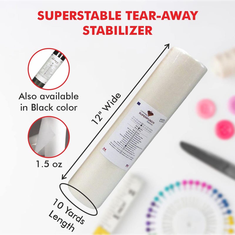 Superpunch 1.5 oz White Tear Away Stabilizer for Embroidery - 12 inch x 10 Yard Roll, SuperStable Tear Away Machine Embroidery Stabilizer Backing, Polyester & Cellulose - Made in The USA - Image 2